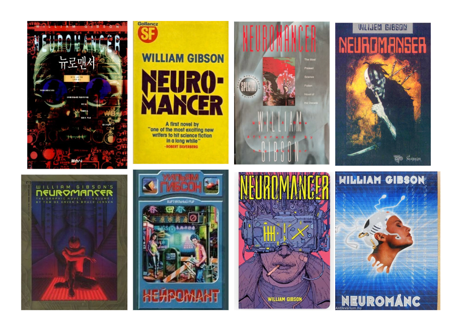 Neuromancer book covers showing various Neuromancer fonts and typefaces
