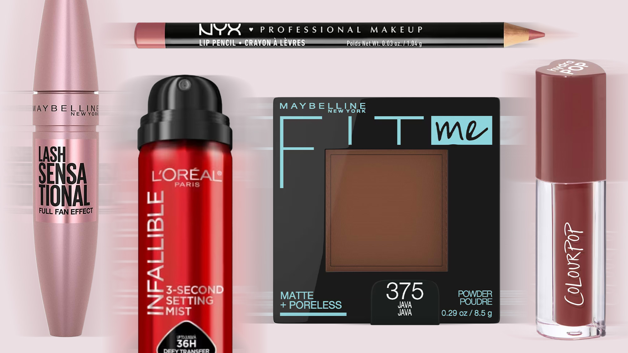 A collage of drugstore beauty products from Maybelline, L&rsquo;Or&eacute;al, NYX, and Colourpop