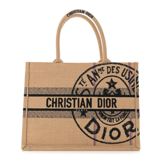 Christian Dior Canvas Jute Embroidered Medium Book Tote Black Beige