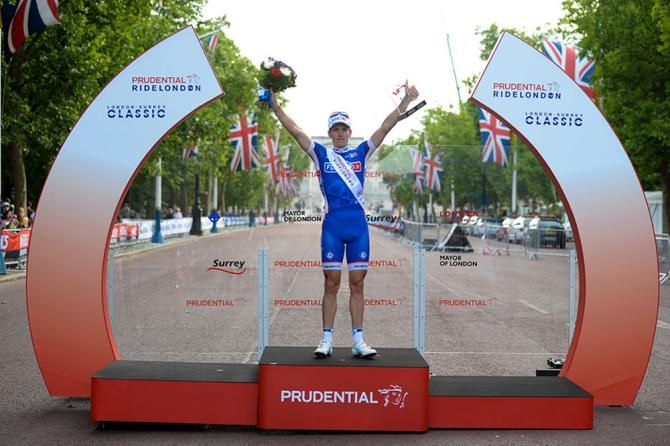FDJ.Fr's Arnaud Demare stands on the podium outside Buckingham Palace to receive his trophies