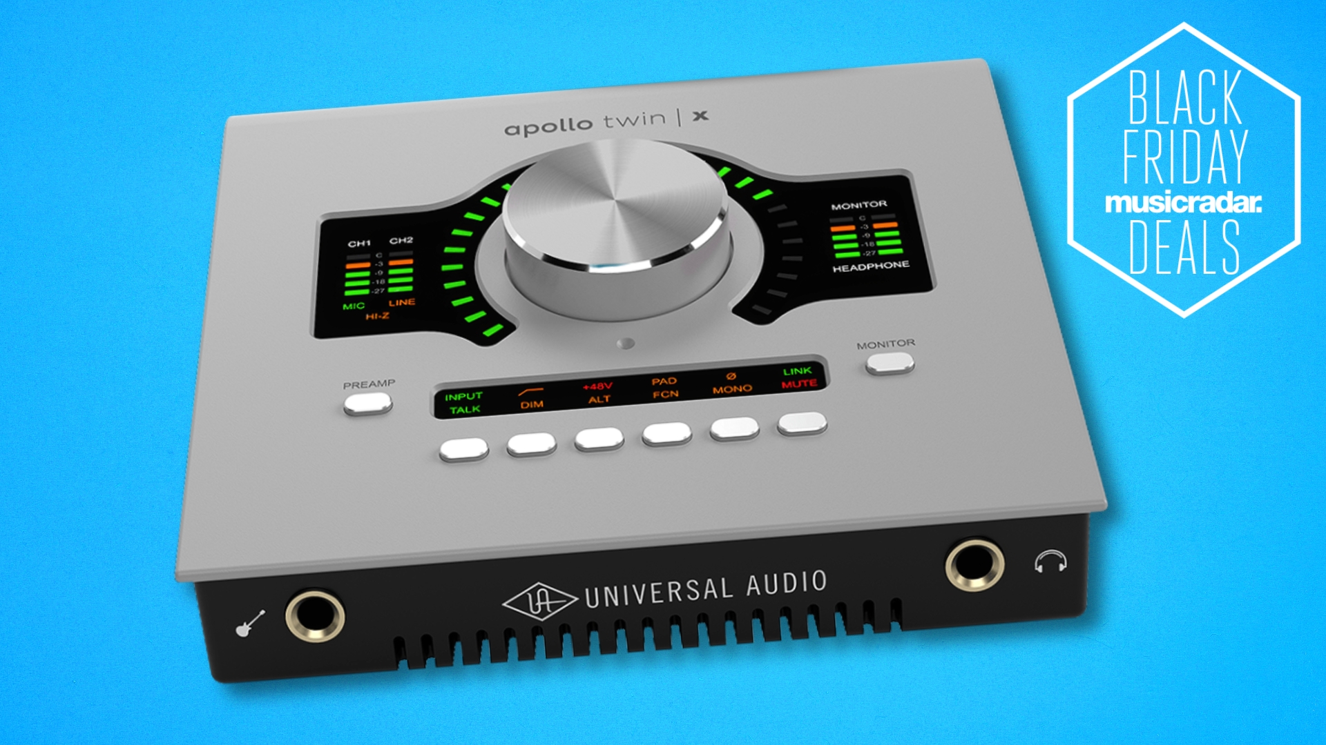 A Universal Audio Apollo Twin X audio interface on a blue background