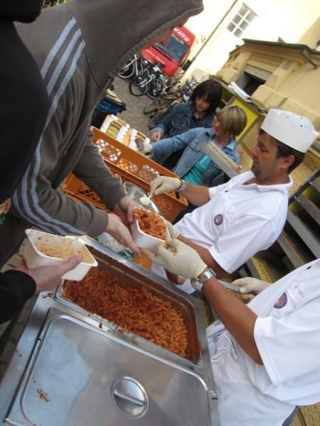 Every stage finish village provides and all-you-can-eat pasta feast with all the fixings.