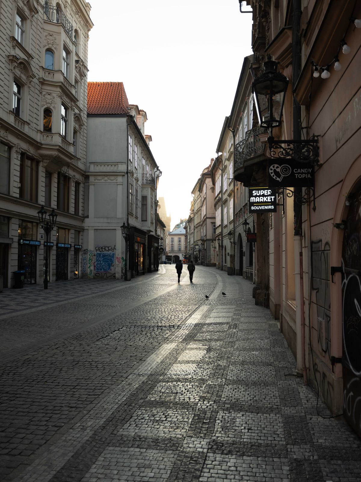 Street in Prague in the early morning sunlight