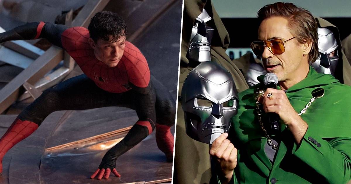 Tom Holland in Spider-Man: No Way Home and Robert Downey Jr. during the Doctor Doom announcement at Marvel&#039;s SDCC panel