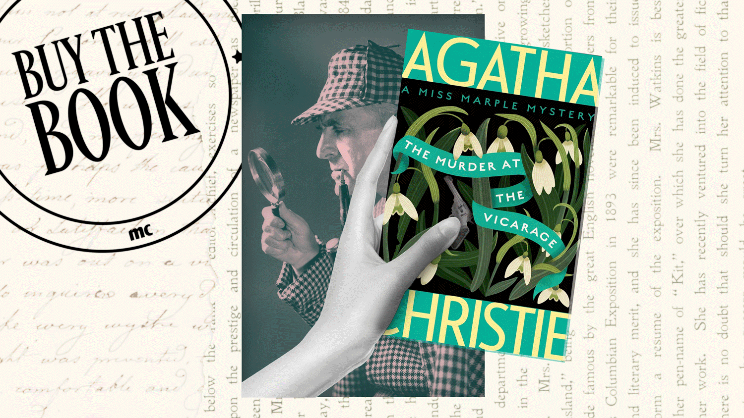 an image of sherlock holmes and a hand holding the covers of various cozy mystery books against the backdrop of marie claire&#039;s buy the book franchise art