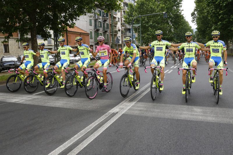 The Tinkoff-Saxo team ride in formation in celebration of the overall victory