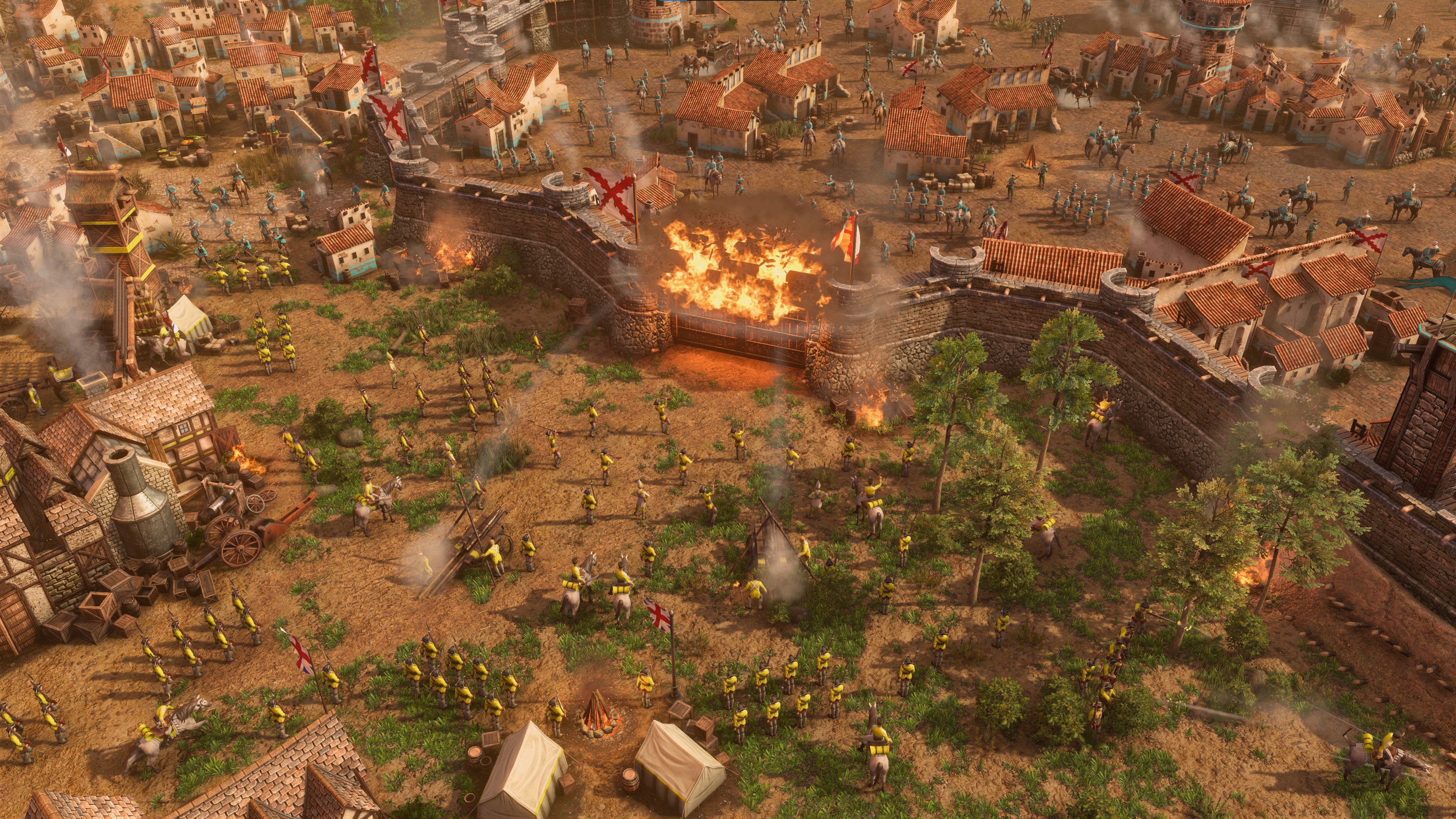 A medieval battle scene with soldiers in yellow uniforms preparing for combat outside a burning fortified gate.