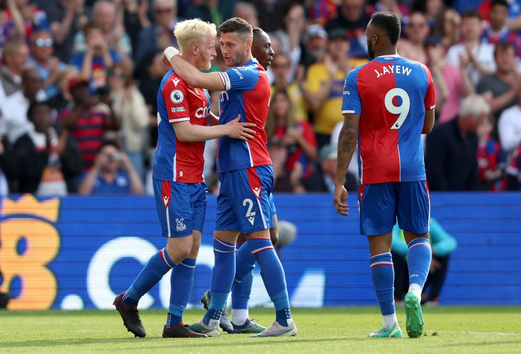 Will Hughes of Crystal Palace celebrates with teammate Joel Ward after scoring the team&#039;s first goal during the Premier League match between Crystal Palace and Nottingham Forest at Selhurst Park on May 28, 2023 in London, England. (Photo by Tom Dulat/Getty Images)