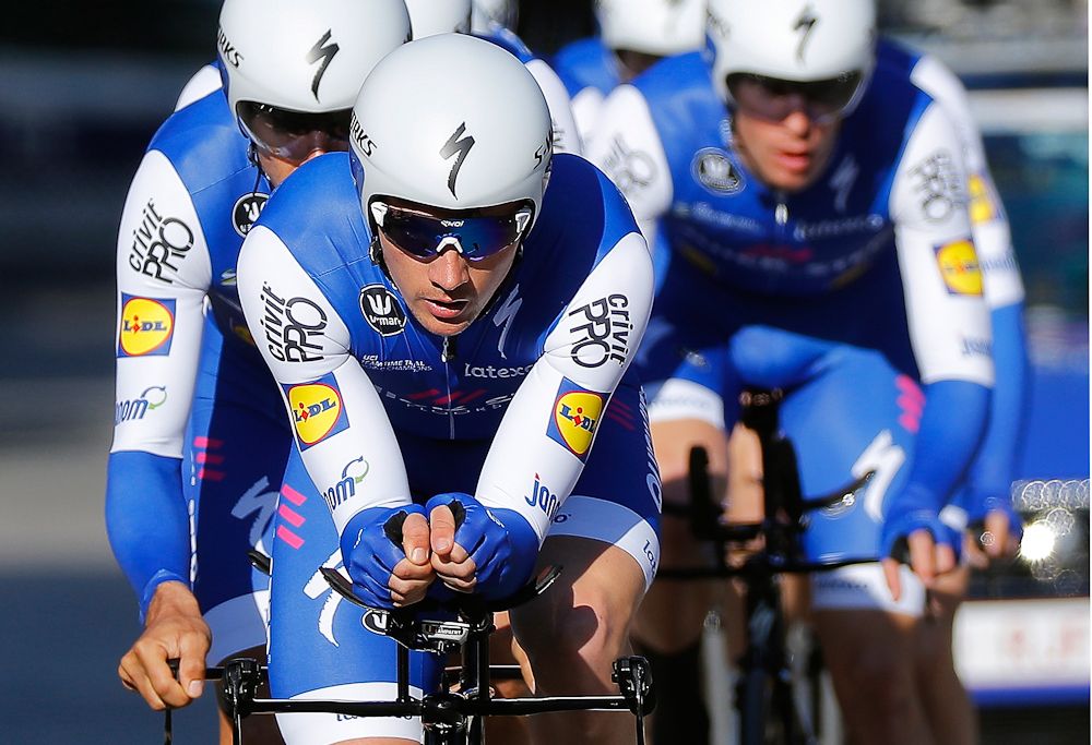 Quick-Step en route to the finish of the opening time trial in Valencia