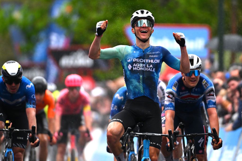 KANBO FRANCE APRIL 02 EDITORS NOTE Alternate crop Paul Lapeira of France and Decathlon AG2R La Mondiale Team celebrates at finish line as stage winner during the 63rd Itzulia Basque Country 2024 Stage 2 a 160km stage from Irun to Kanbo UCIWWT on April 02 2024 in Kanbo France Photo by Tim de WaeleGetty Images