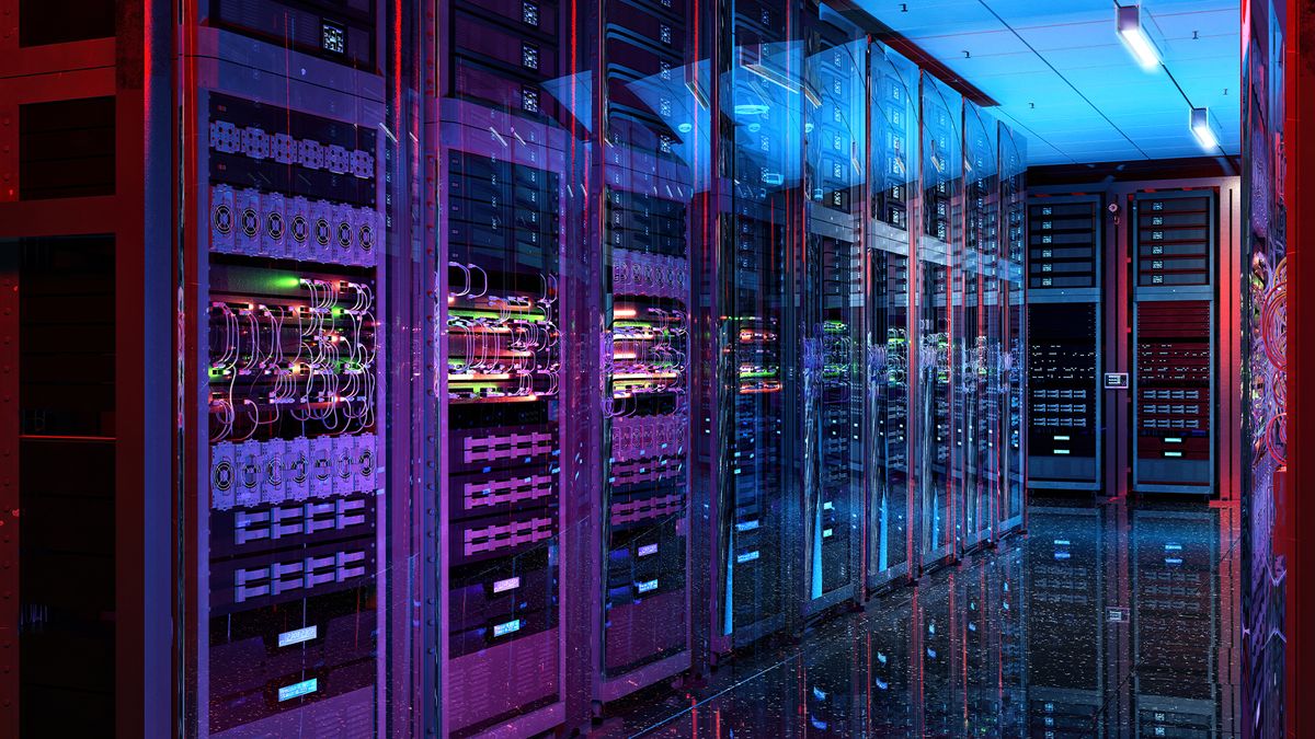 Server room with glowing servers pictured inside a hyperscale data center.