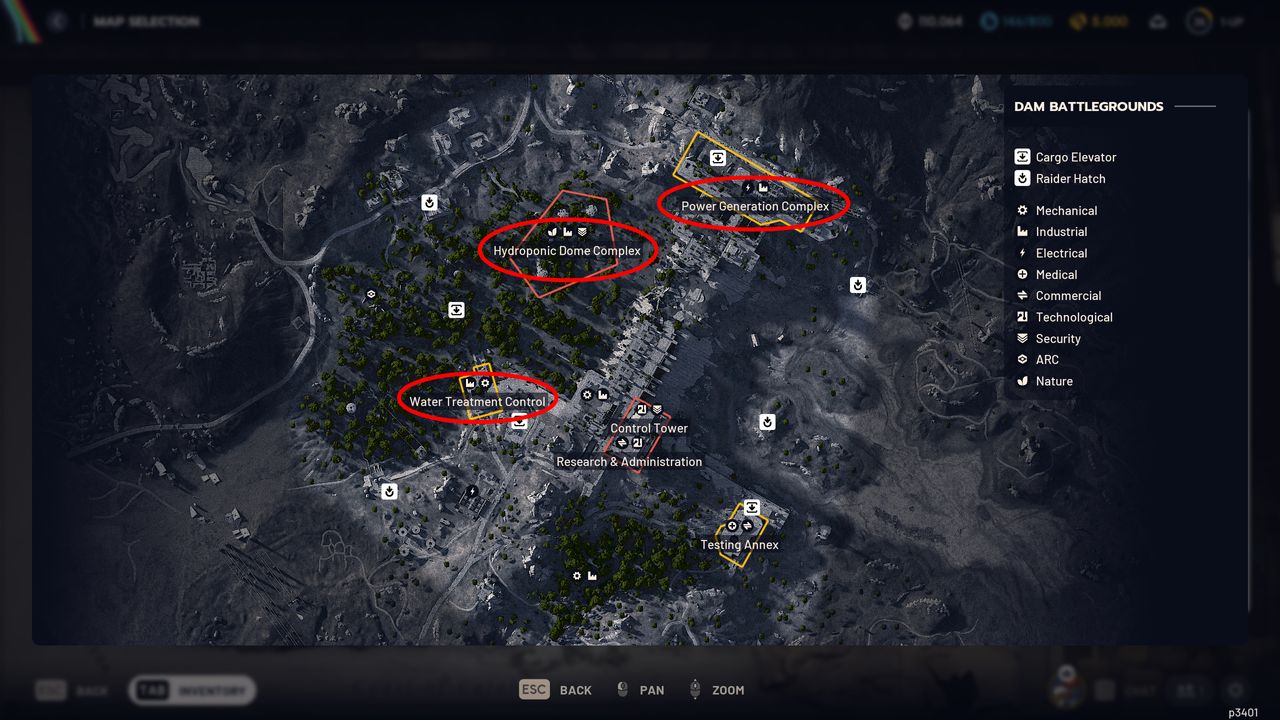 Arc Raiders Cooling Coil: A map of Dam Battlegrounds with three red ovals highlighting key locations where you can find this material.