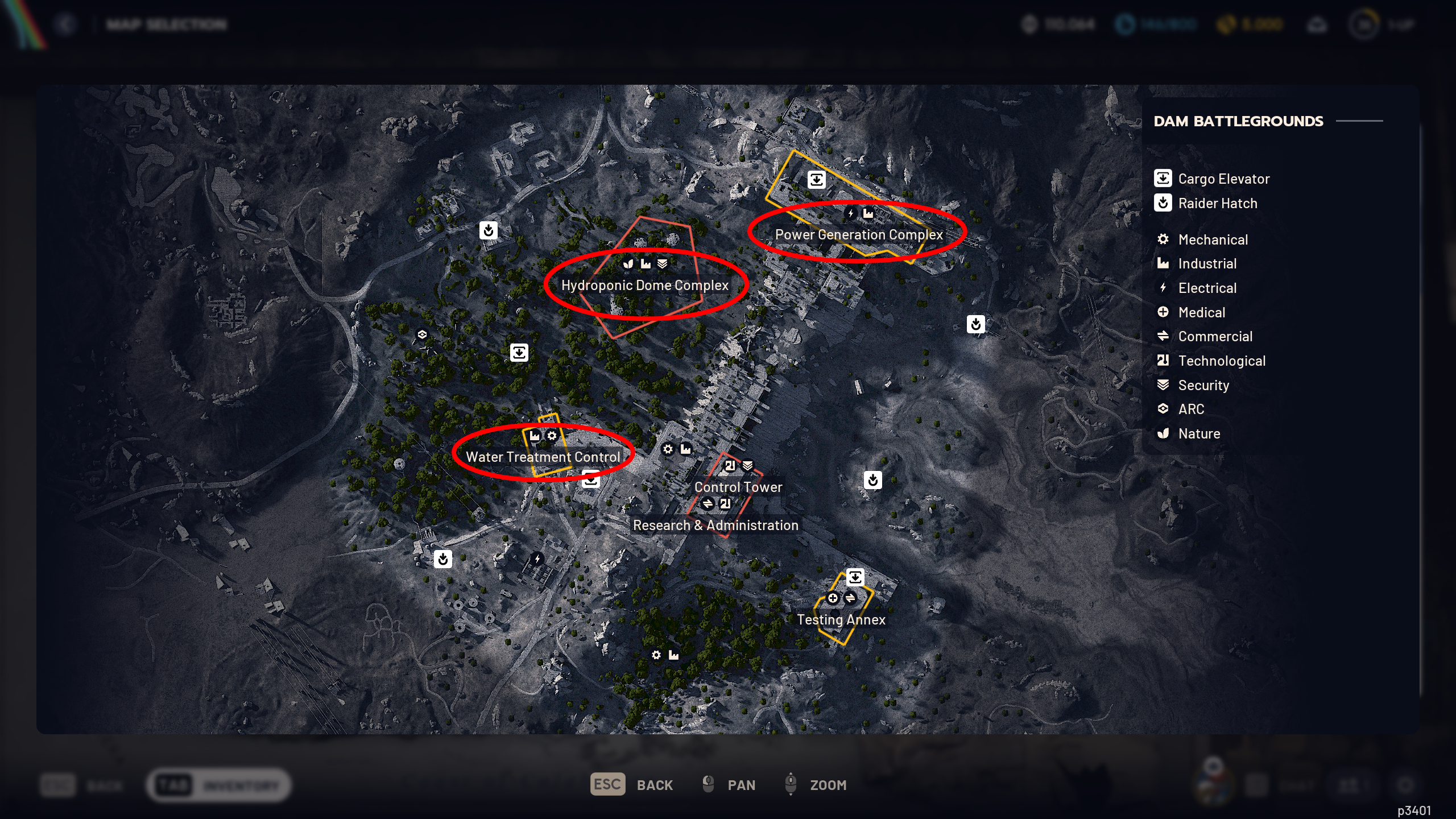 Arc Raiders Cooling Coil: A map of Dam Battlegrounds with three red ovals highlighting key locations where you can find this material.