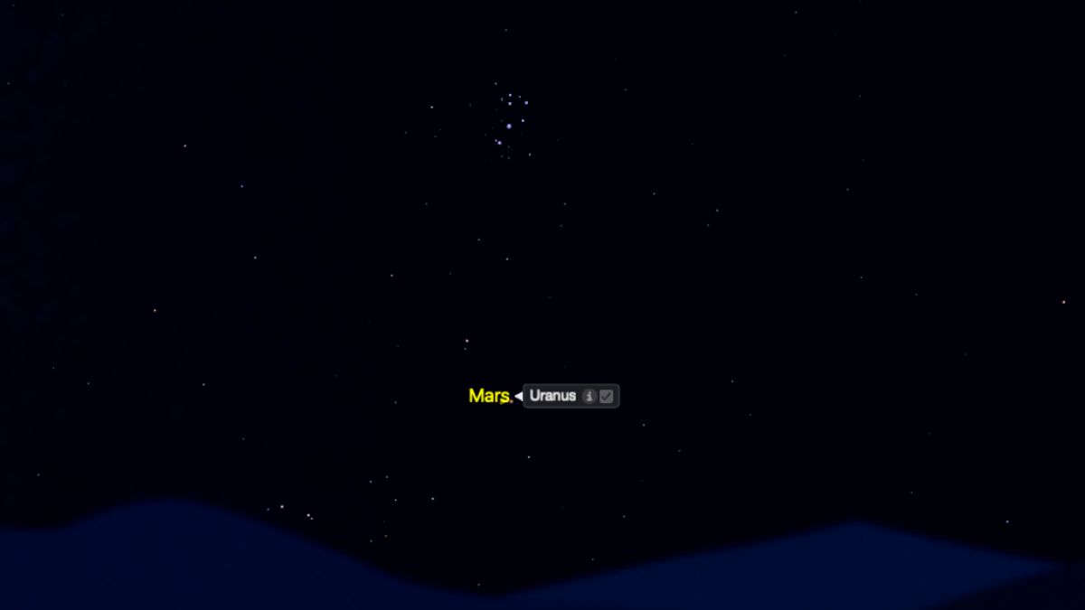 gráfico do céu noturno mostrando Marte brilhando ao lado de Urano.