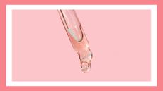 Glass pipette with hair/face serum on pink solid background/ in a pink/orange template