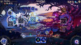 A blue and purple tinged landscape of trees sit in the background of a deckbuilding game.