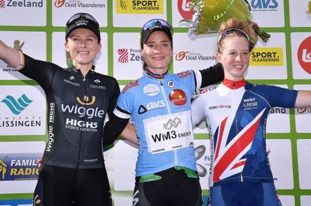 Annette Edmondson (Wiggle High5), Marianne Vos (WM3 Pro Cycling) and Alice Barnes (Great Britain)
