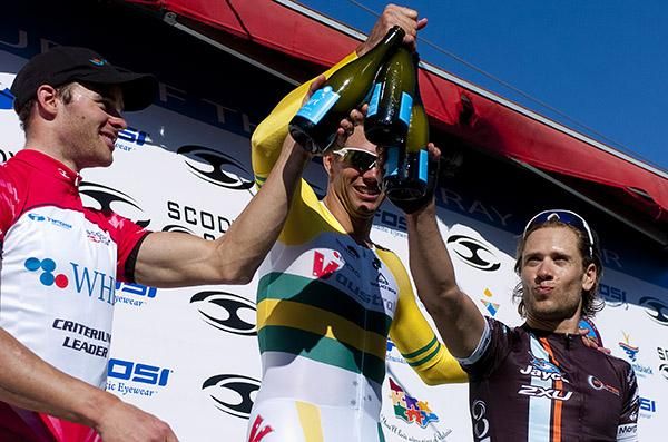 Cheers guys (l-r): Steele Von Hoff (2nd,Genesys Wealth Advisers), Jonathan Cantwell (1st,V Australia), and Ben Kersten (3rd,Swan Hill Heart of the Murray) on the podium in Euston.