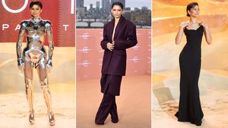 Zendaya wearing three outfits from her dune part 2 press tour, including a mugler cyborg suit, a bottega veneta suit, and a black dress