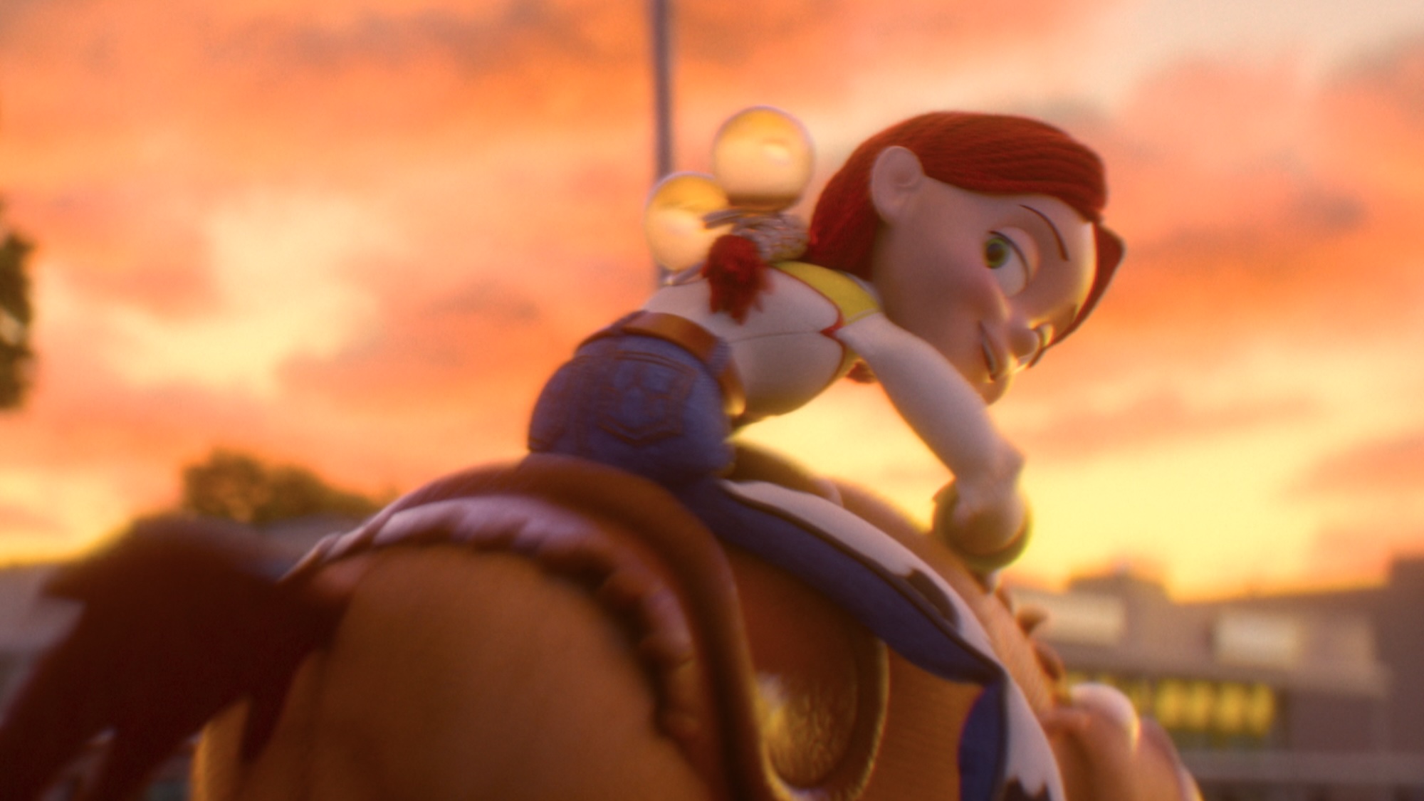 Jessie riding Bullseye with the hair tie in her hair in Toy Story 5