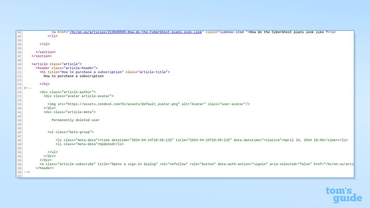 HTML code showing that the author who wrote a support article on CyberGhost's website is 'permenantly deleted'