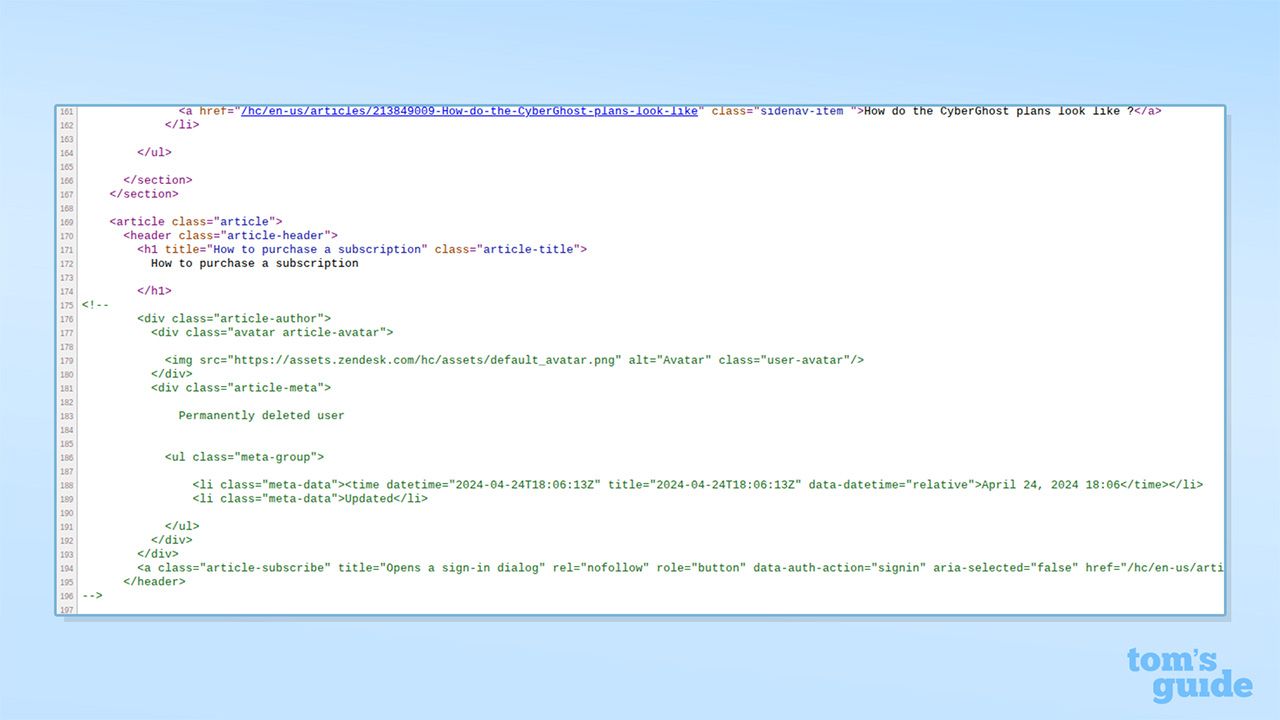 HTML code showing that the author who wrote a support article on CyberGhost's website is 'permenantly deleted'