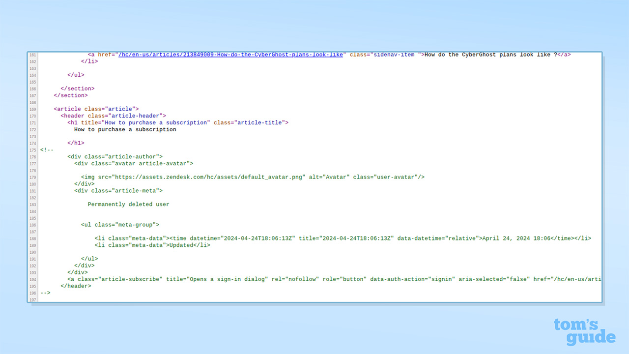 HTML code showing that the author who wrote a support article on CyberGhost's website is 'permenantly deleted'