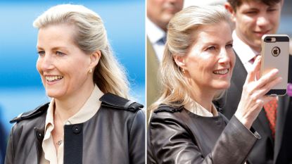 Composite of images of Duchess Sophie wearing a leather jacket, with her hair half-up half-down at the Royal Windsor Horse Show 2017