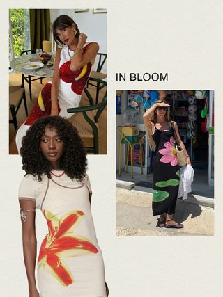 Julies wears a Loewe maxi dress with gold earrings; Elisa Serranot wears a black maxi dress with a pink flower and green leaves, mesh flats, and a straw bag; Emmanuelle wears a Mango x Siedres floral dress.