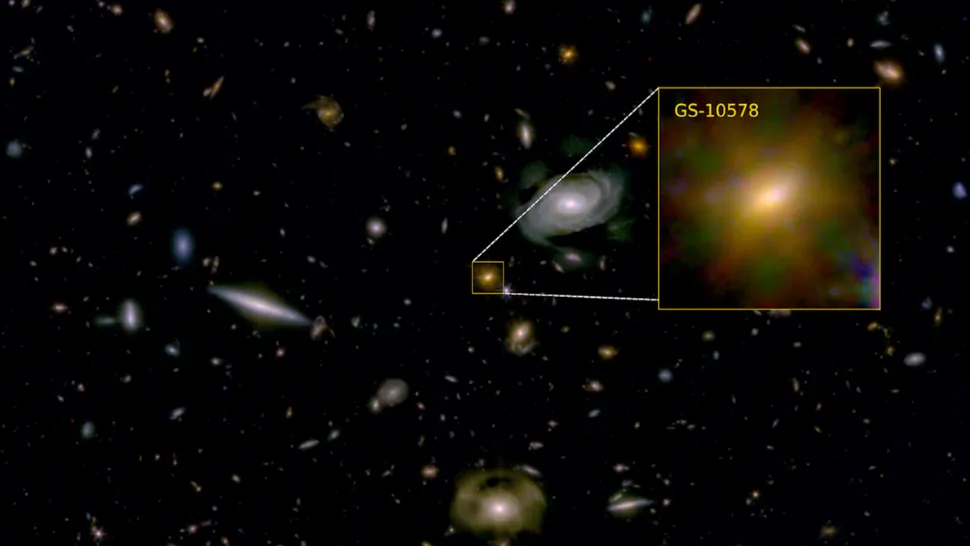 Галактика GS-10578, увиденная «Уэббом», — это ранняя галактика, которую «морит голодом» её сверхмассивная чёрная дыра