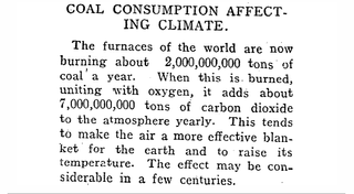 A newspaper clip published Aug. 14, 1912, predicts that coal consumption would produce enough carbon dioxide to warm the climate.