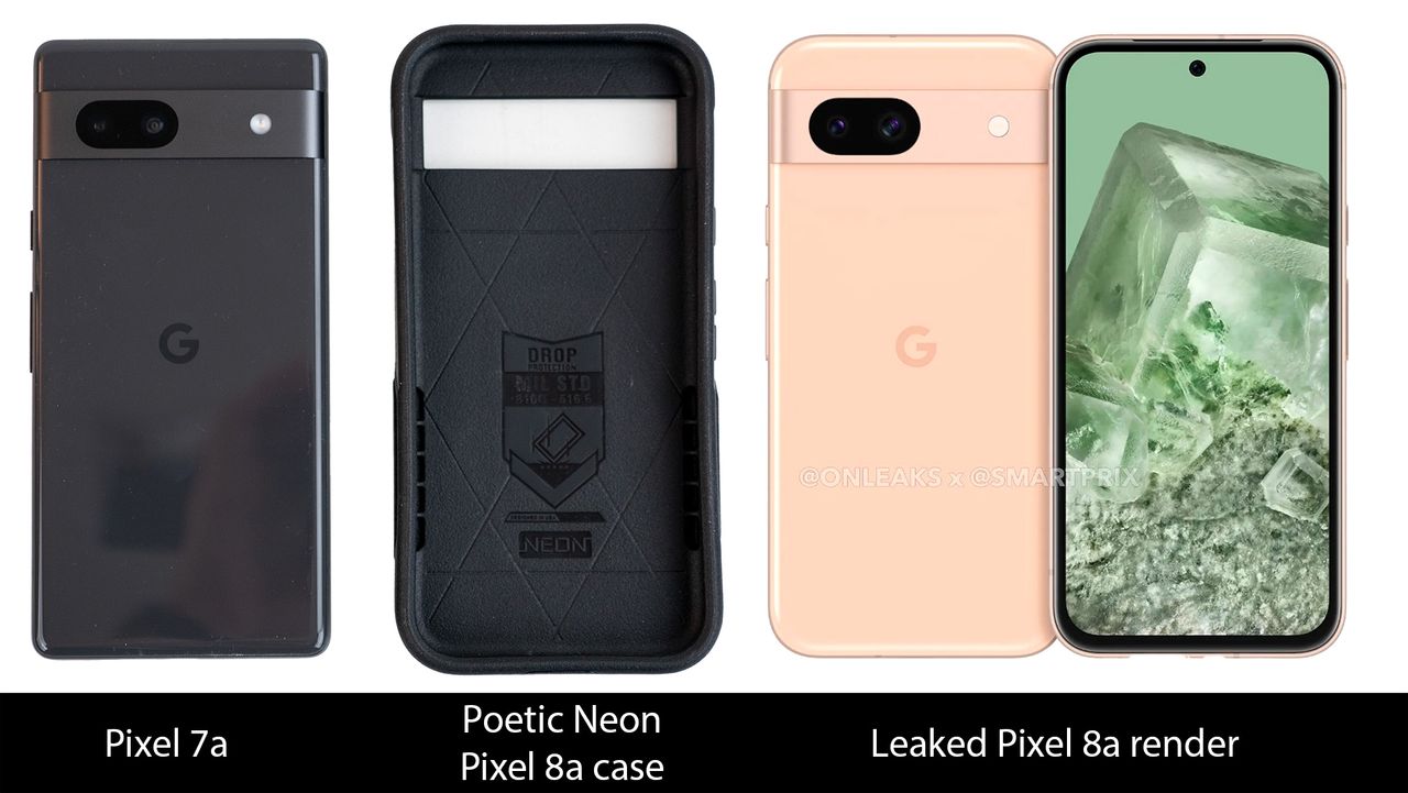 An earlier OnLeaks Pixel 8a render alongside the Google Pixel 7a and Poetic Neon Pixel 8a case