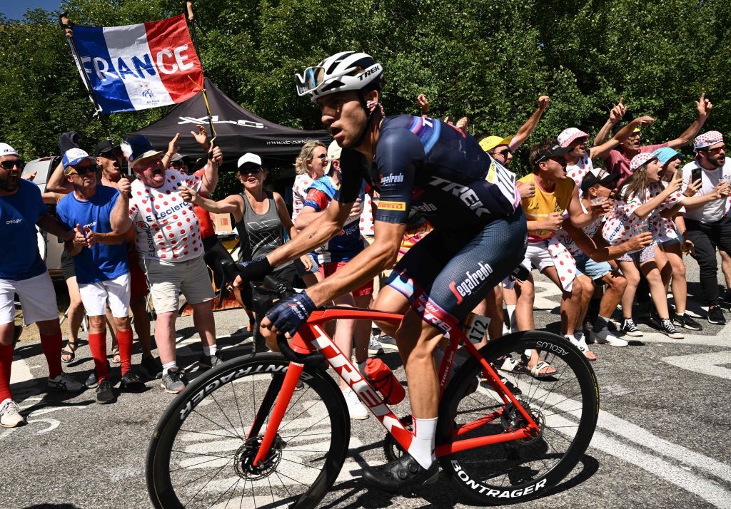 TrekSegafredo teams Italian rider Giulio Ciccone cycles in a breakaway in the ascent of Alpe dHuez during the 12th stage of the 109th edition of the Tour de France cycling race 1651 km between Briancon and LAlpedHuez in the French Alps on July 14 2022 Photo by Marco BERTORELLO AFP Photo by MARCO BERTORELLOAFP via Getty Images