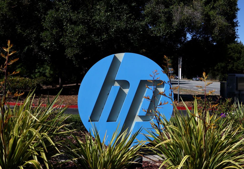 Blue HP logo sign outside of Hewlett Packard office in Palo Alto, California