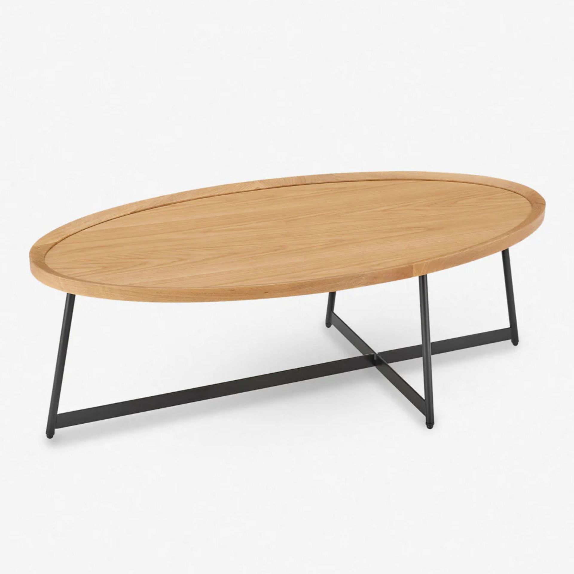 Oval wooden coffee table with black metal legs