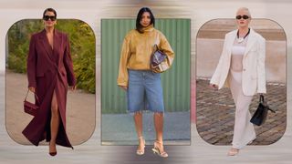 Three women at Copenhagen fashion week spring/summer 2025. One woman is wearing a burgundy long coat, one is wearing a yellow leather jacket and jorts, one is wearing a white blazer with a sheer white dress, and a black pendant necklace.