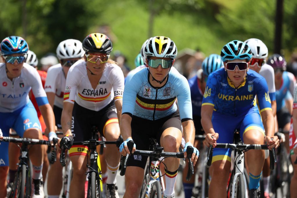 Belgiums Valerie Demey C rides in the peloton during the womens cycling road race of the Tokyo 2020 Olympic Games after the race start at Musashinonomori Park on the outskirts of Tokyo Japan on July 25 2021 Photo by MICHAEL STEELE POOL AFP Photo by MICHAEL STEELEPOOLAFP via Getty Images
