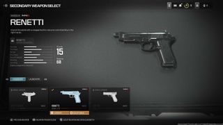 The renetti handgun in the weapon select menu of Modern Warfare 3
