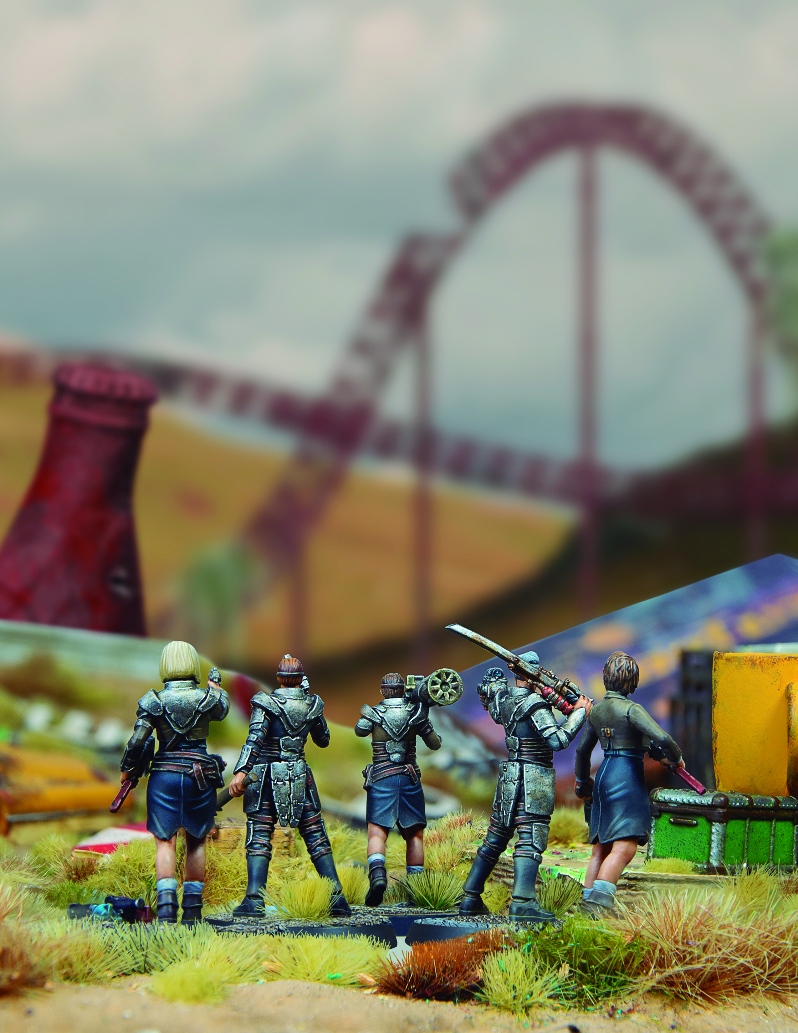 A group of Raider miniatures looking out at Nuka World in Fallout: Factions.