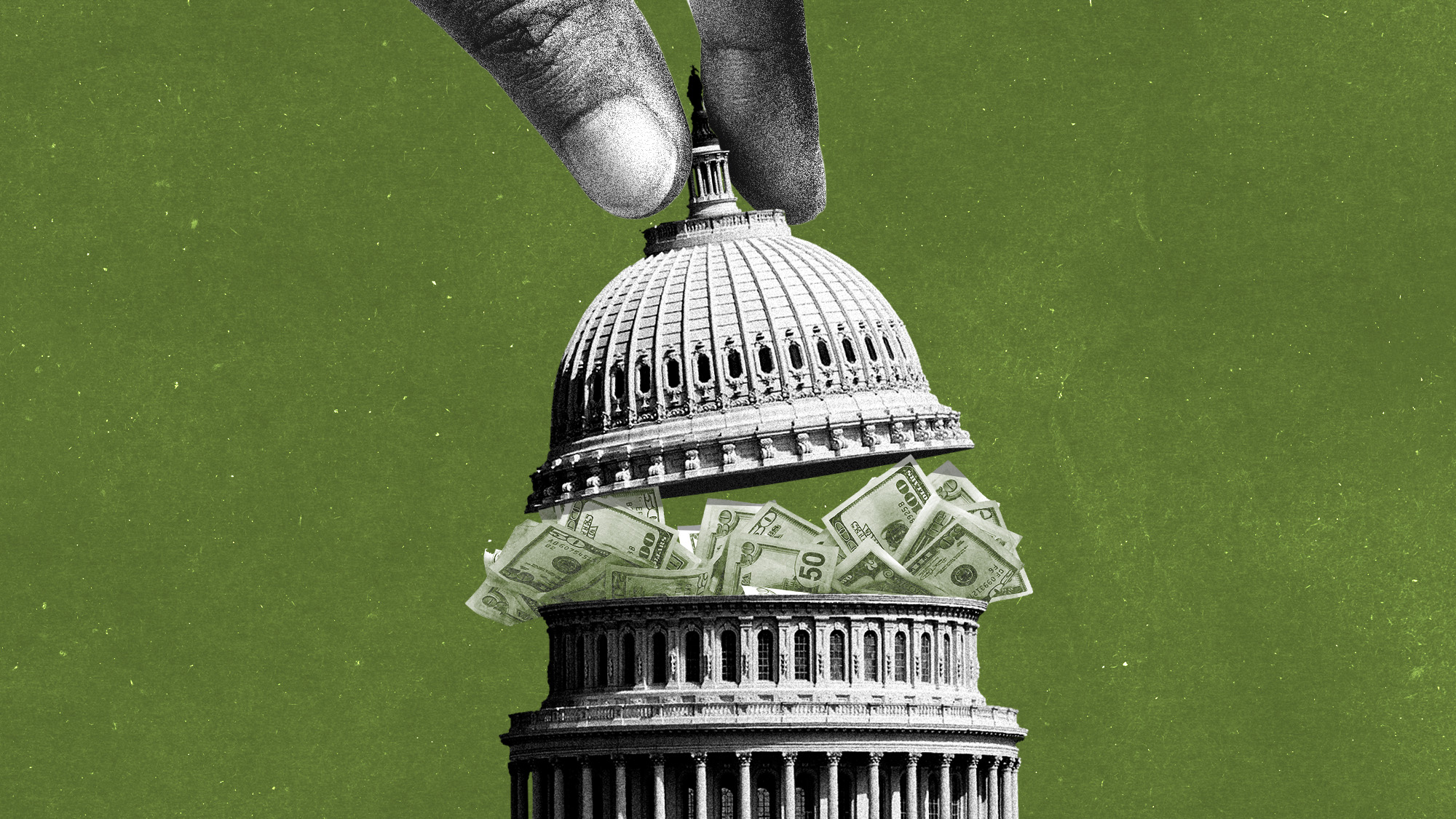 Photo collage of a giant hand lifting the dome off the White House, revealing a stash of money.
