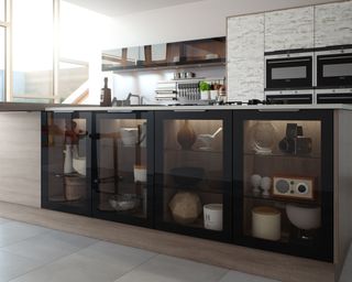 A modern kitchen with textured kitchen cabinetry and glazed black border glass cupboards