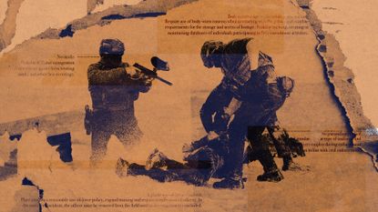 Photo collage of ICE officers brandishing weapons and dragging protestors to the ground