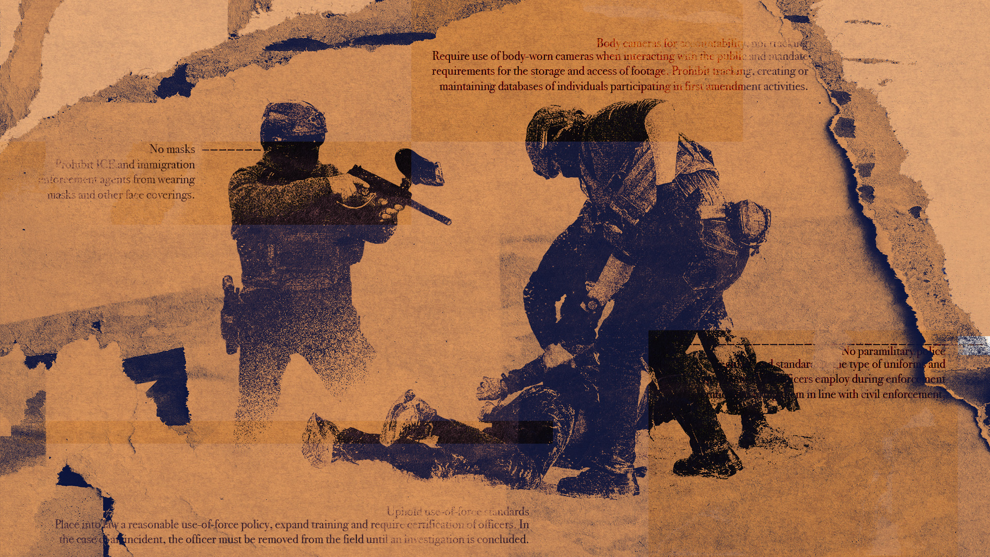 Photo collage of ICE officers brandishing weapons and dragging protestors to the ground