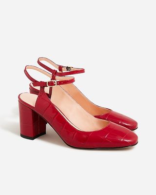 Maisie Ankle-Strap Heels in Croc-Embossed Leather