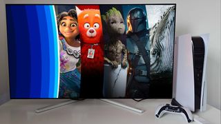 Disney Plus colors and characters on a monitor beside a PS5 and controller