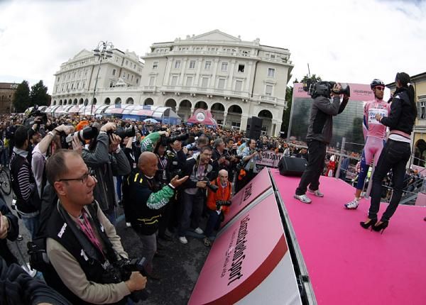 Giro leader Vincenzo Nibali is interviewed on the stage five sign-in stage.