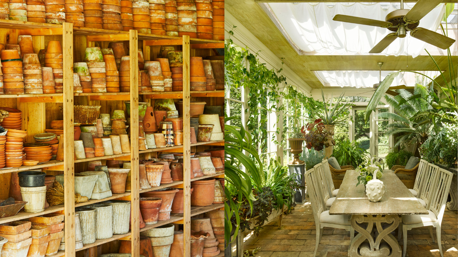 Stacks of terracotta pots, and a long table, chairs and plants in conservatory