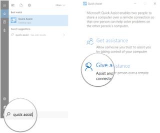 Type Quick Assist and hit Enter. Click Give assistance.