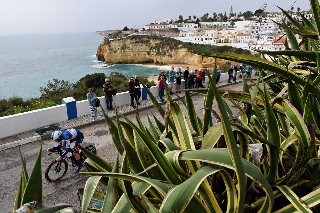 LAGOAPRAIA DO CARVOEIRO ALGARVE PORTUGAL FEBRUARY 19 Rmi Cavagna of France and Team Soudal QuickStep sprints during the 49th Volta ao Algarve em Bicicleta 2023 Stage 5 a 244km individual time trial stage from Lagoa to Lagoa VAlgarve2023 on February 19 2023 in Lagoa Algarve Portugal Photo by Tim de WaeleGetty Images