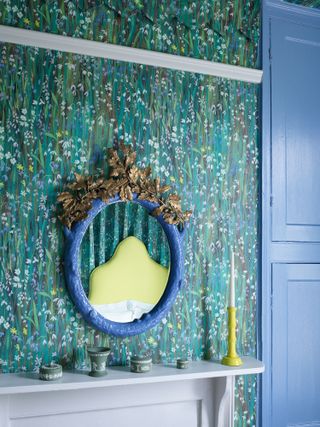 Tranquil blue wallpaper in small bedroom reflecting lime green headboard,Galanthi Bed by House of Hackney